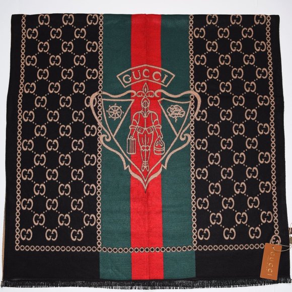 New GUCCI Hysteria Crest Logo Black Beige Reversible Wool Blend Sarf - Picture 2 of 6